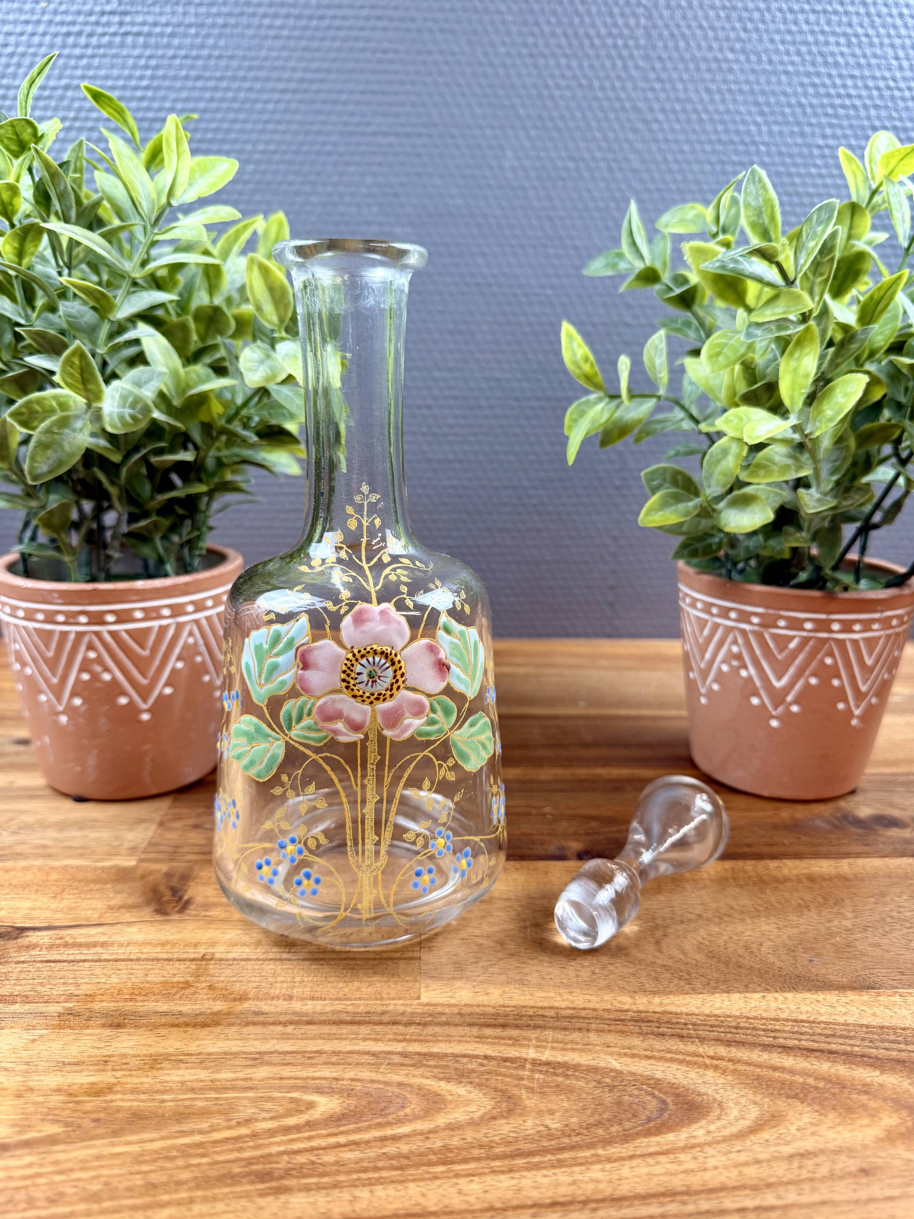 Glass carafe with enamel floral decoration and stopper – vintage