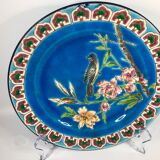 Longwy enamel blue plate bird and peony pattern