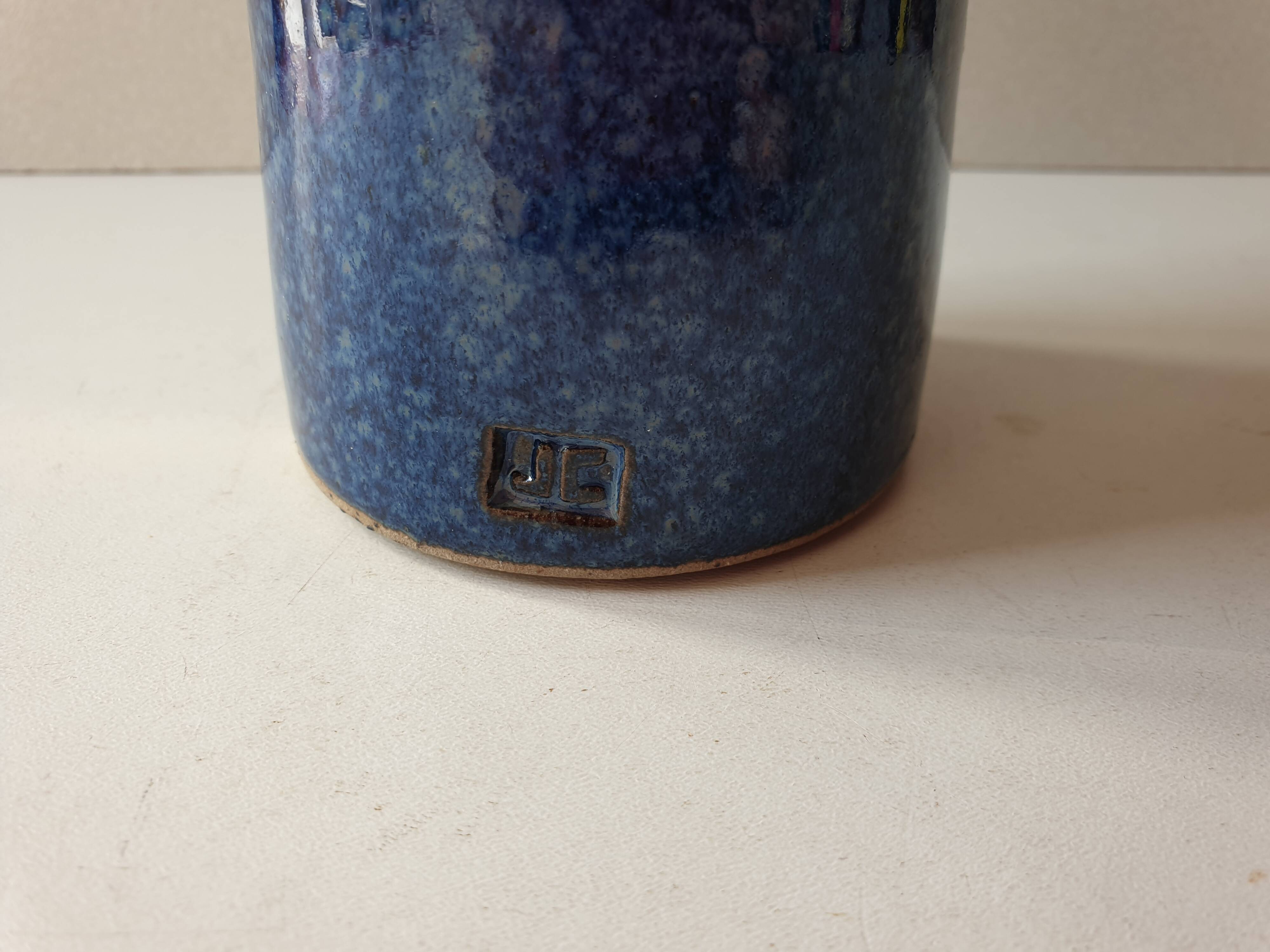 Ceramic vase with blue cover Signed Jean CACHELEUX (Puisaye)