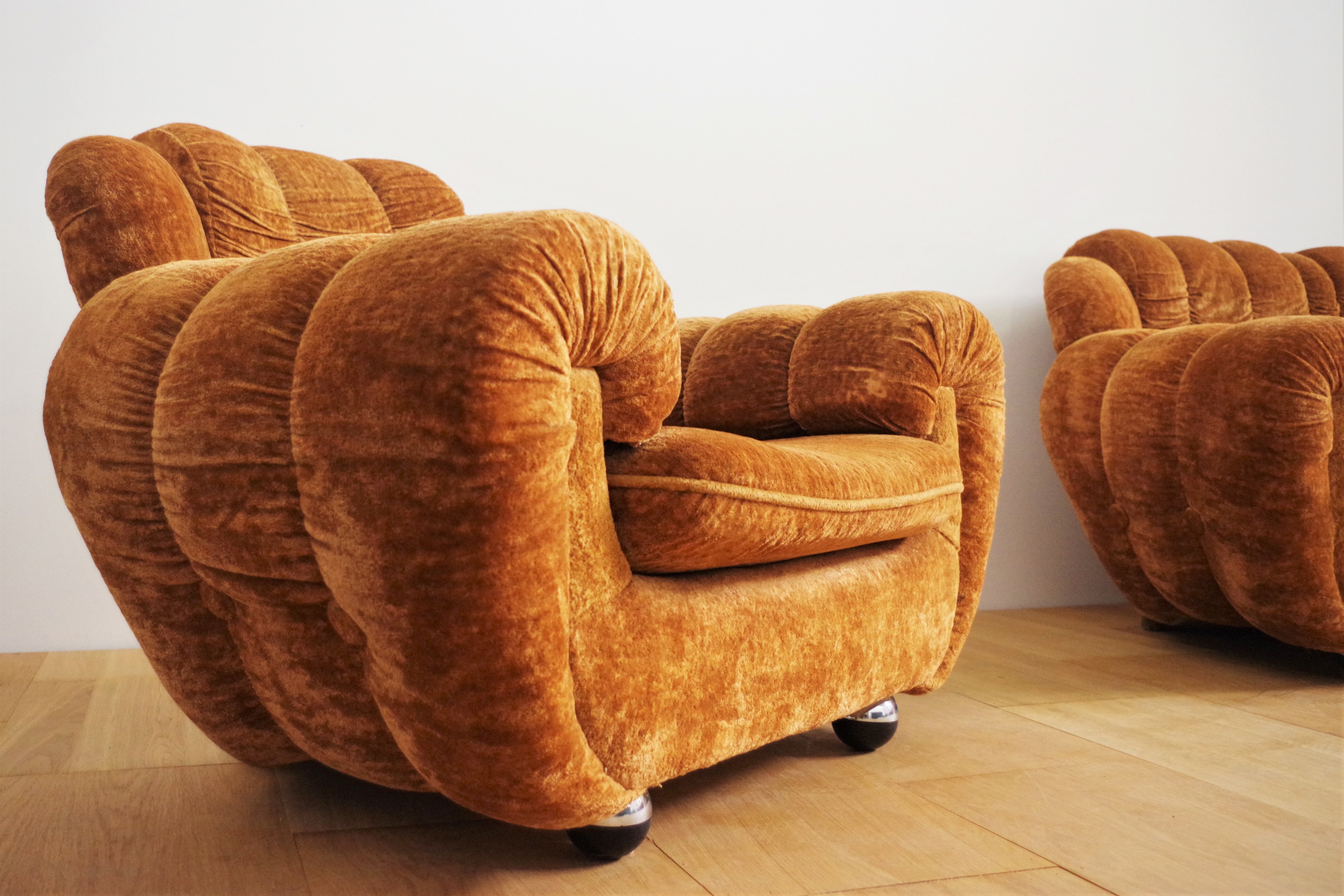 Velvet armchairs and sofa, 1970s, set of 3