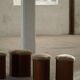 Set of 4 sculptural French Art Deco stools in wood and lamb's wool, 1940s.
