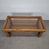 Mid-Century Smoked Glass and Wood Coffee Table on Wheels, Czechoslovakia