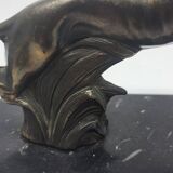 Pair of bookends, greyhounds in babbitt on black marble, Art Deco early 20th century