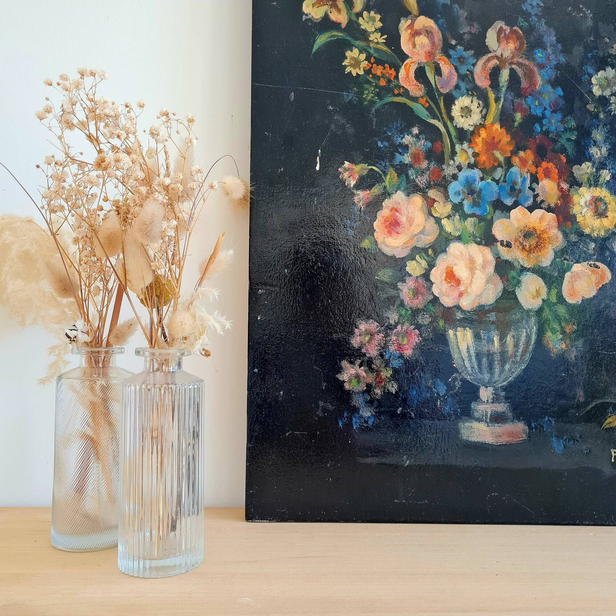 Antique painting on wood - bouquet of flowers