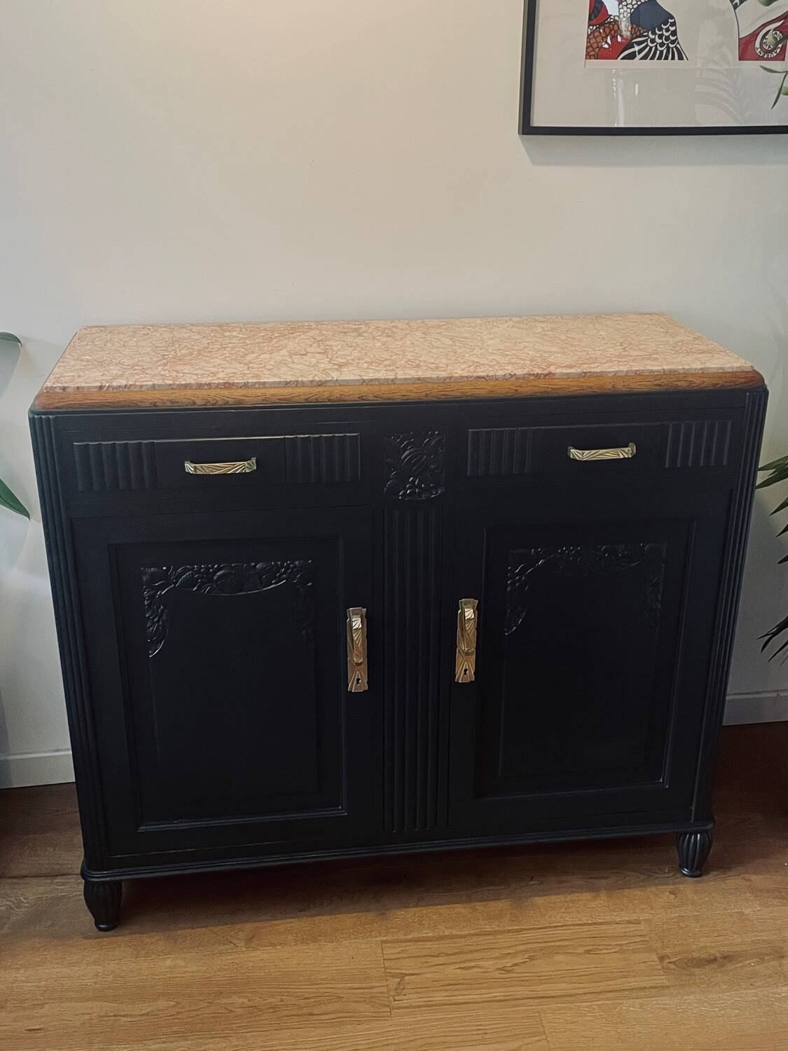 Black Art Deco sideboard with marble top