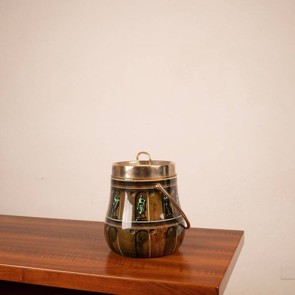 Parchment ice bucket model 935D with Fornasetti decoration by Aldo Tura, 1950