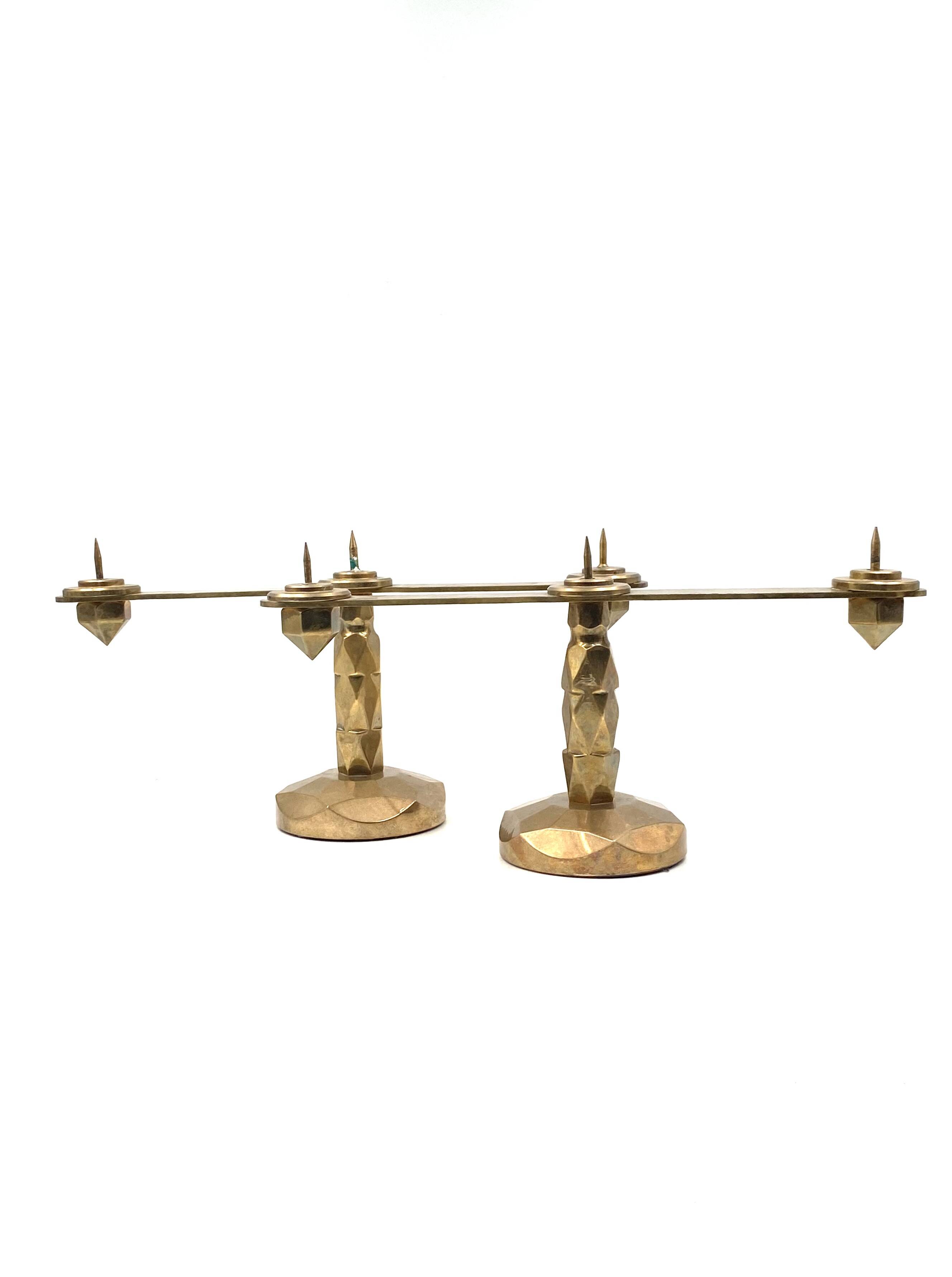 Brutalist brass pair of candle holders, France 1970