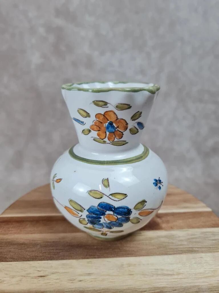 Hand-painted earthenware vase – floral and bird decoration – signed