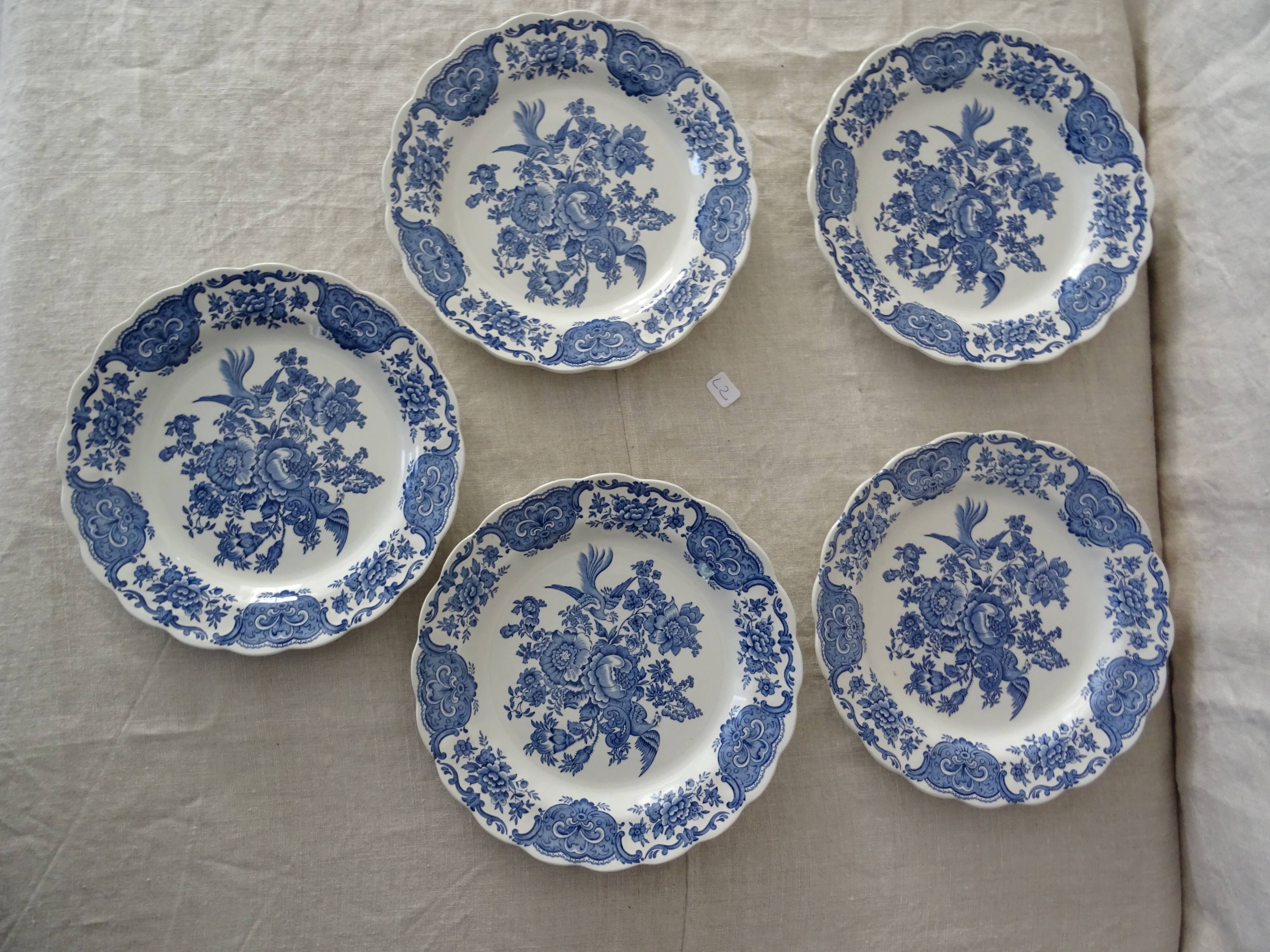5 flat plates Ridgway Staffordshire Windsor blue bird flower
