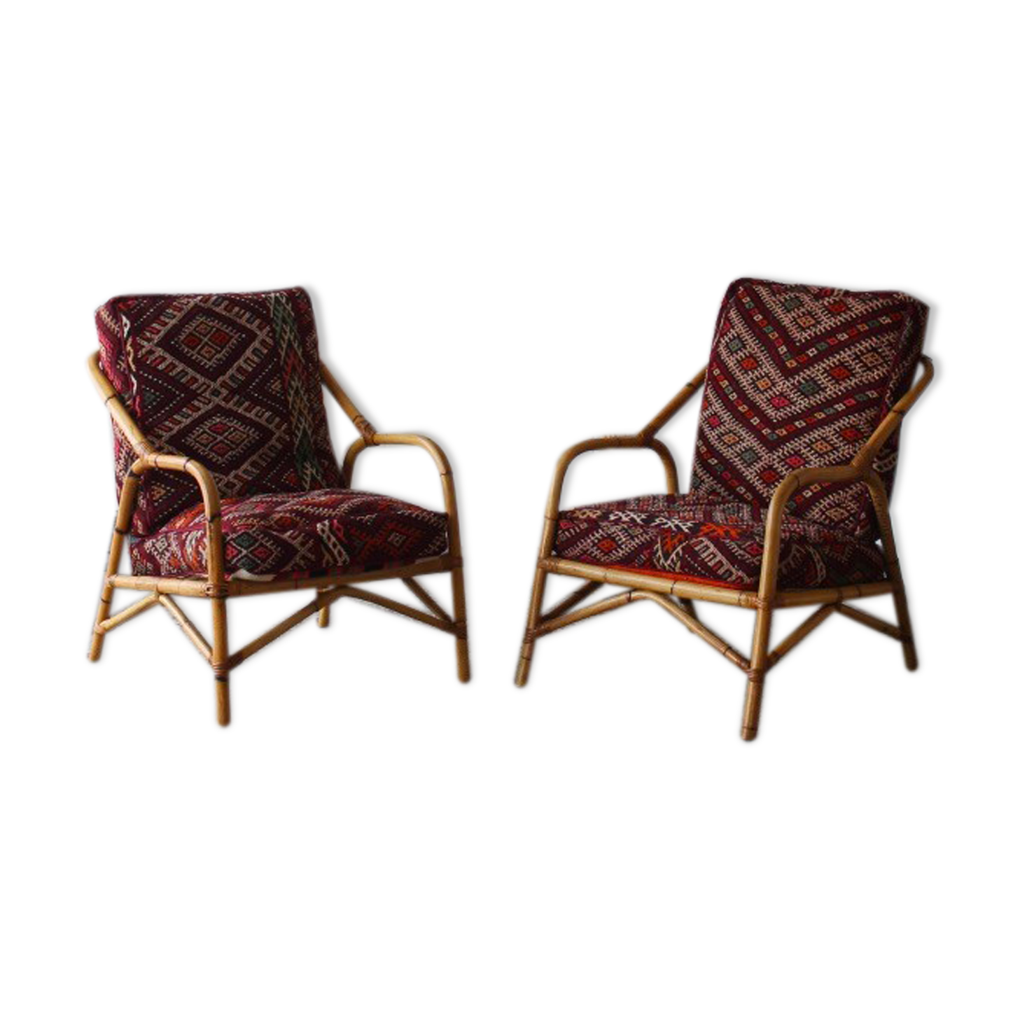 Set of 2 vintage armchairs 90s bamboo, with kilim cushions handmade on mesu