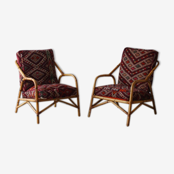 Ensemble de 2 fauteuils vintage années 90 en bambou, avec coussins Kilim