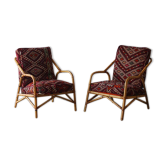 Ensemble de 2 fauteuils vintage années 90 en bambou, avec coussins Kilim