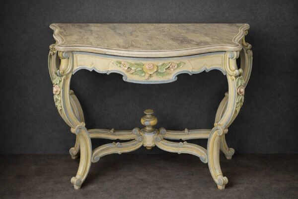 Console italienne peinte et sculptée – Plateau bois en faux semblant de marbre – XIXe siècle
