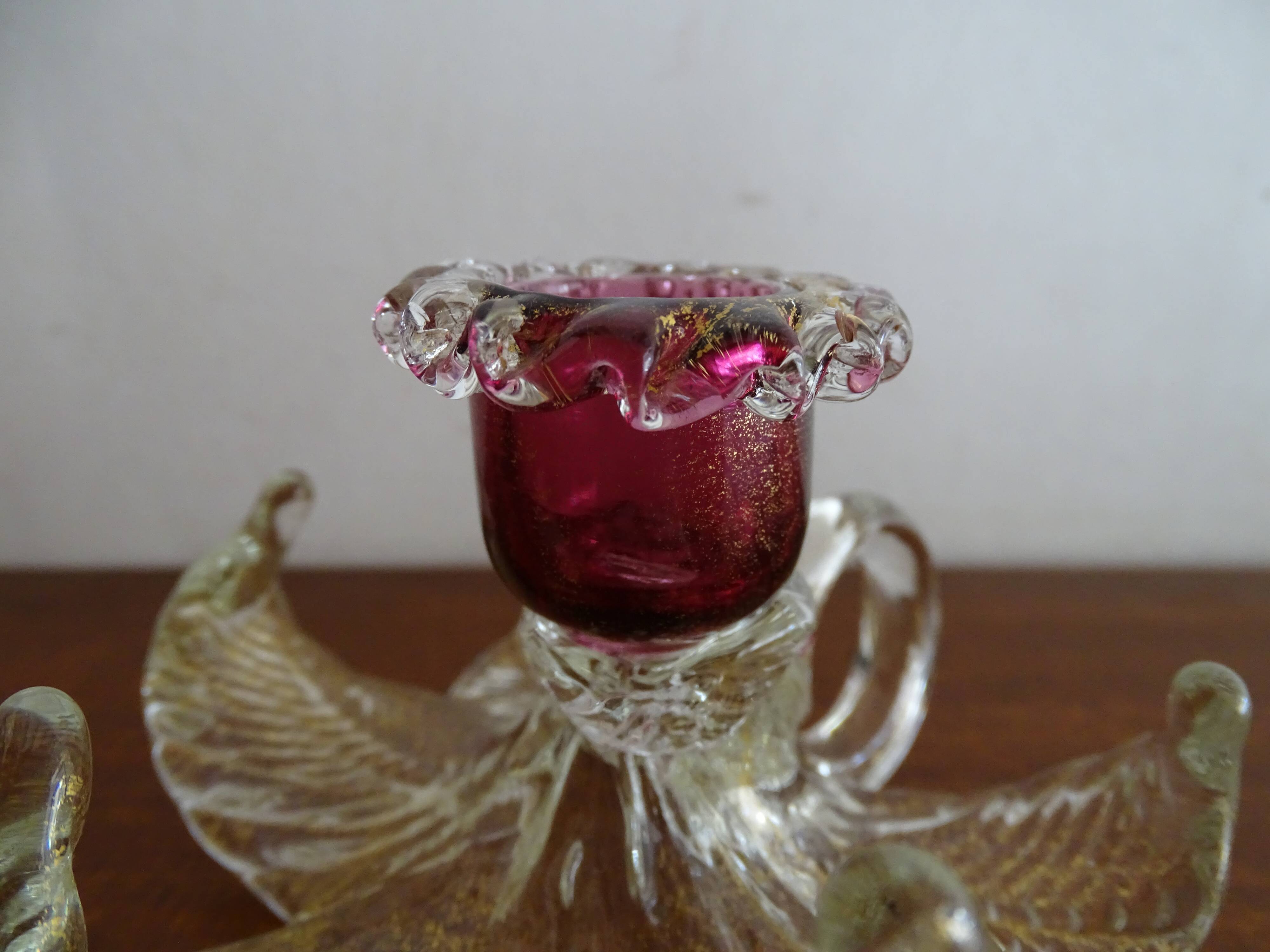 Bougeoir fleur verre  Murano poudre d'or