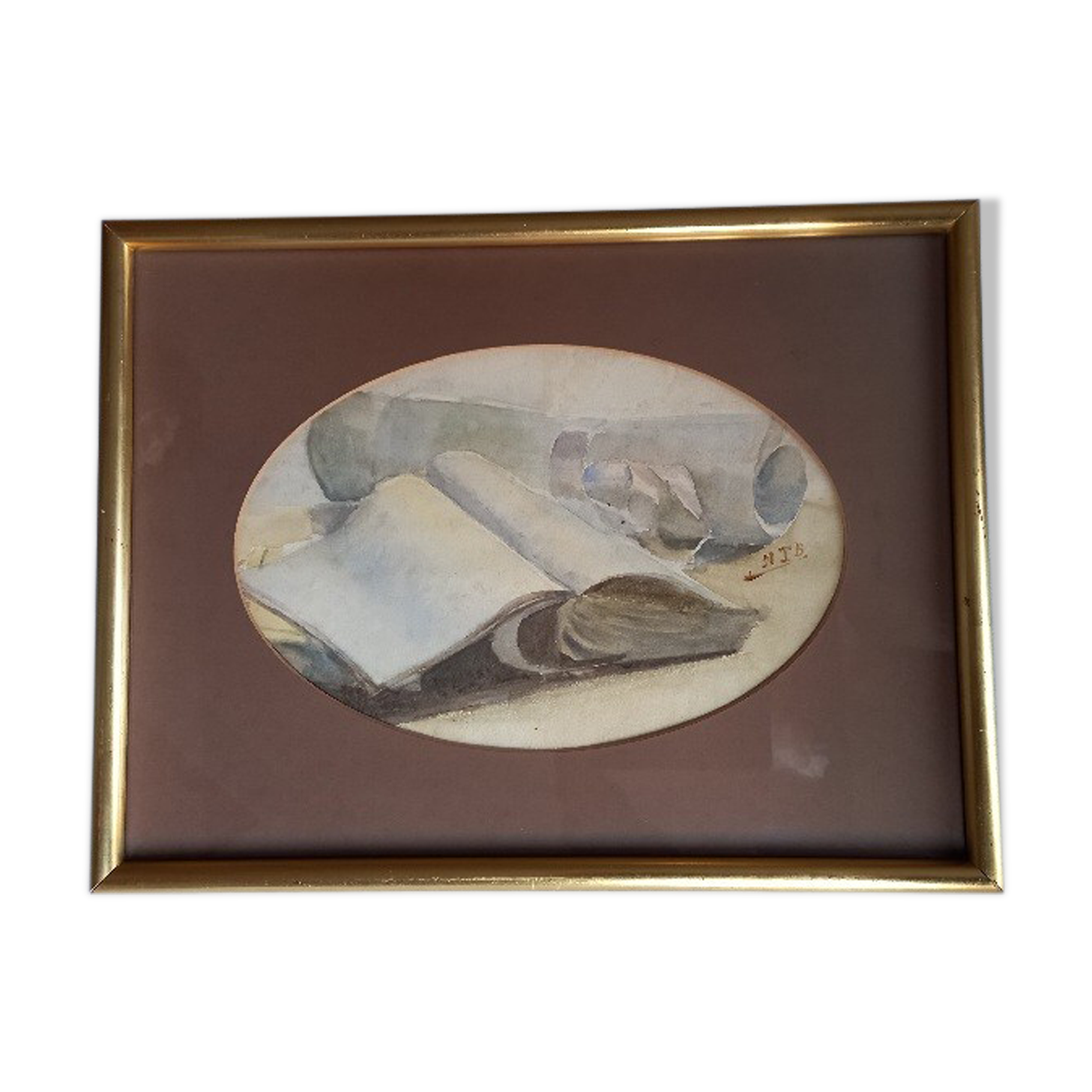 Old painting, handwritten watercolor with pale pink knot