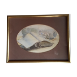Tableau ancien , aquarelle manuscrit au noeud  rose pâle