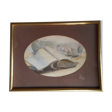 Old painting, handwritten watercolor with pale pink knot