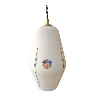 Large opaline white glass pendant light decorated with flowers