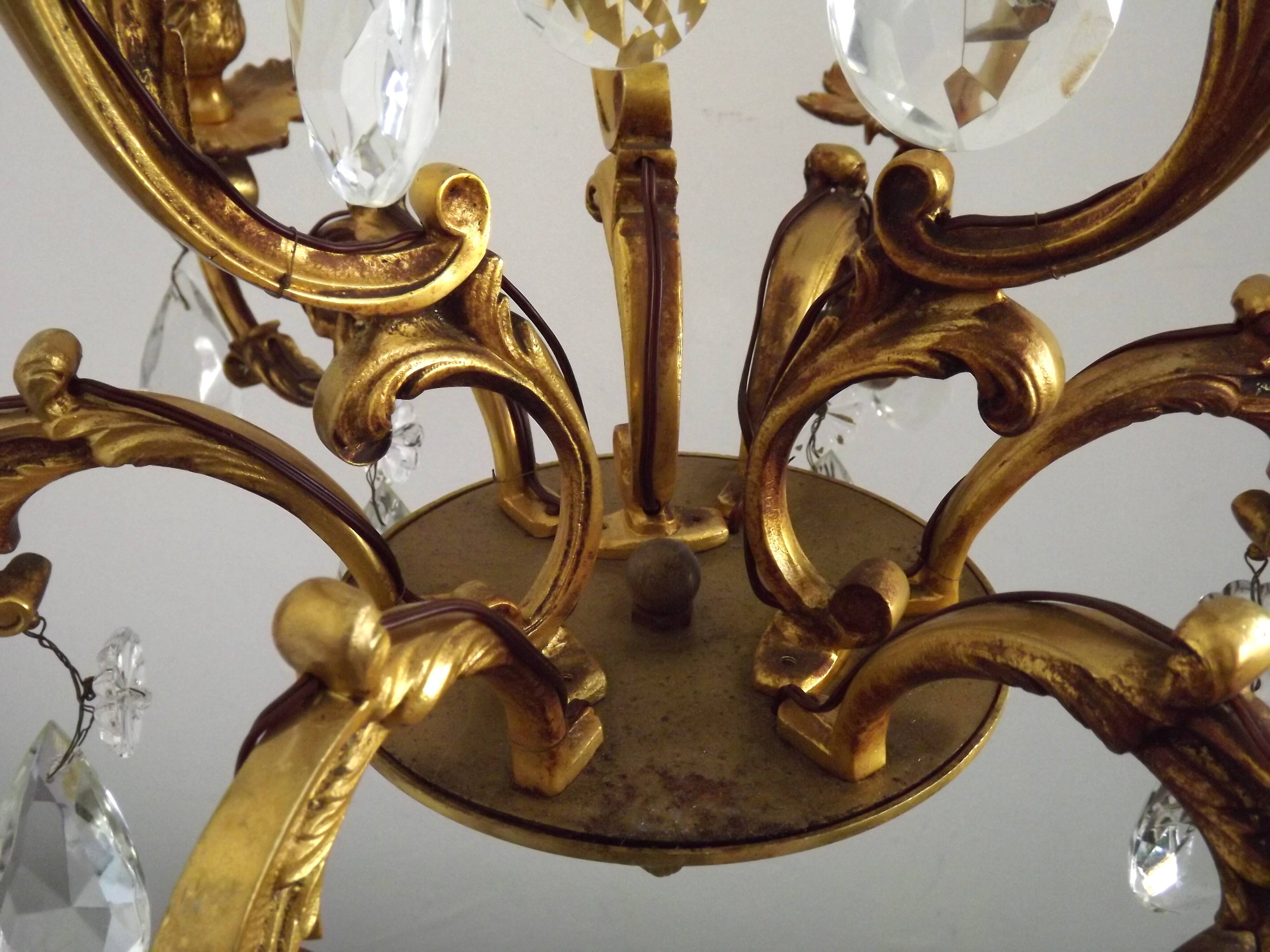 Large Heavy French Art Nouveau 6-Light Brass & Crystal Cage Chandelier