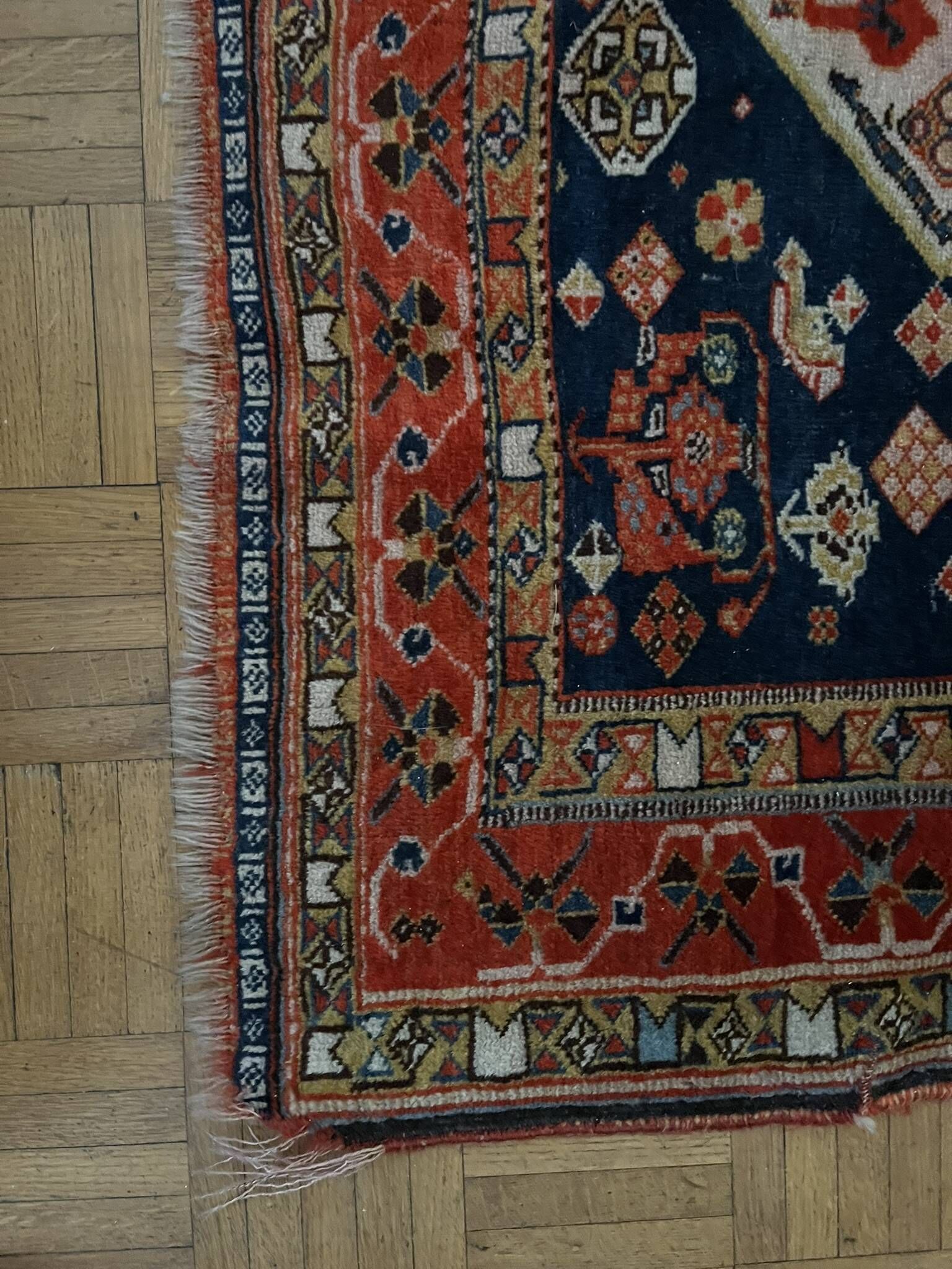 Antique handmade Persian Qashqai nomadic rug – blue background 94x112cm