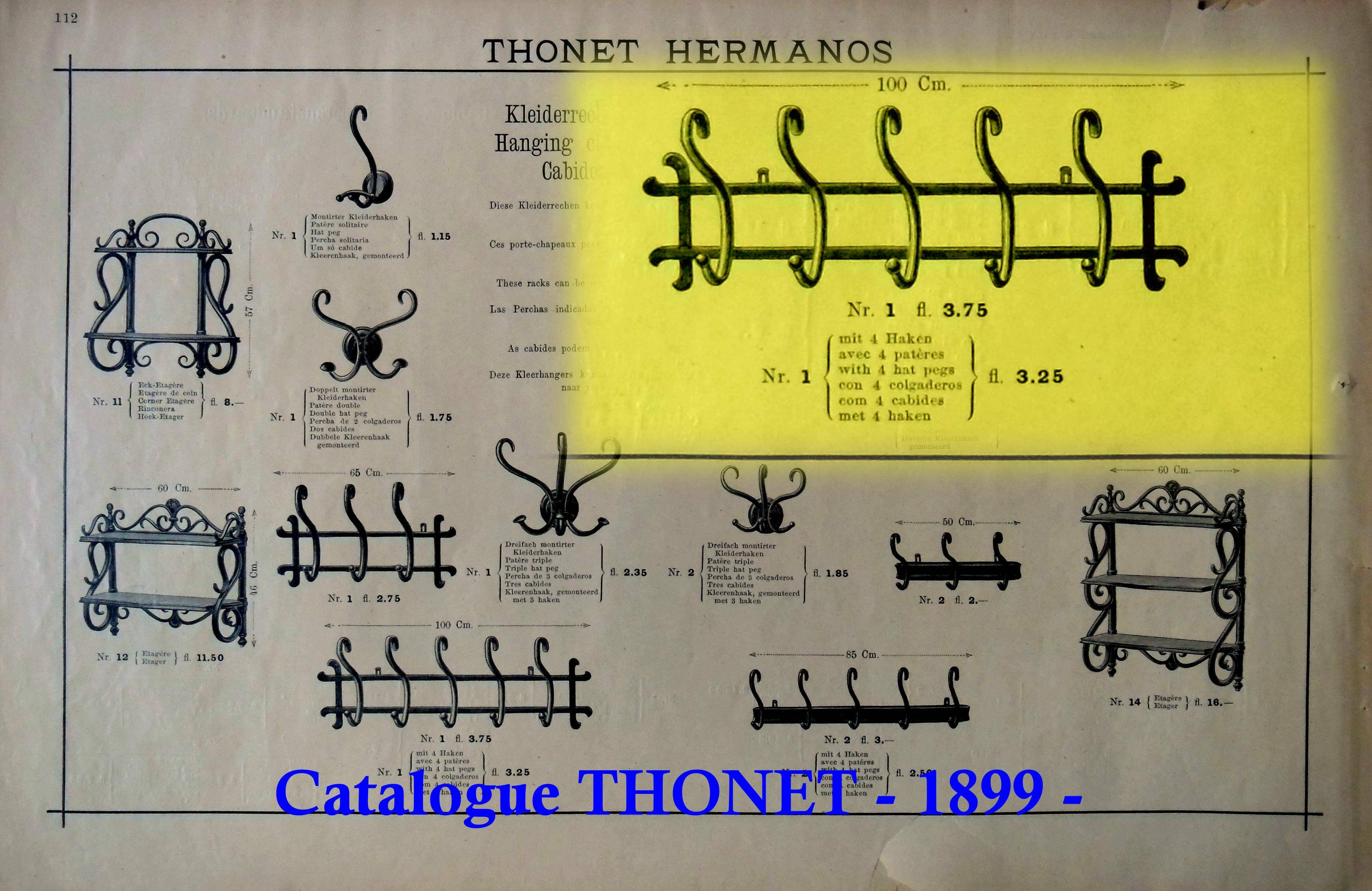 Wall-mounted coat and hat rack with 5 hooks by Thonet - 1900 - curved wood