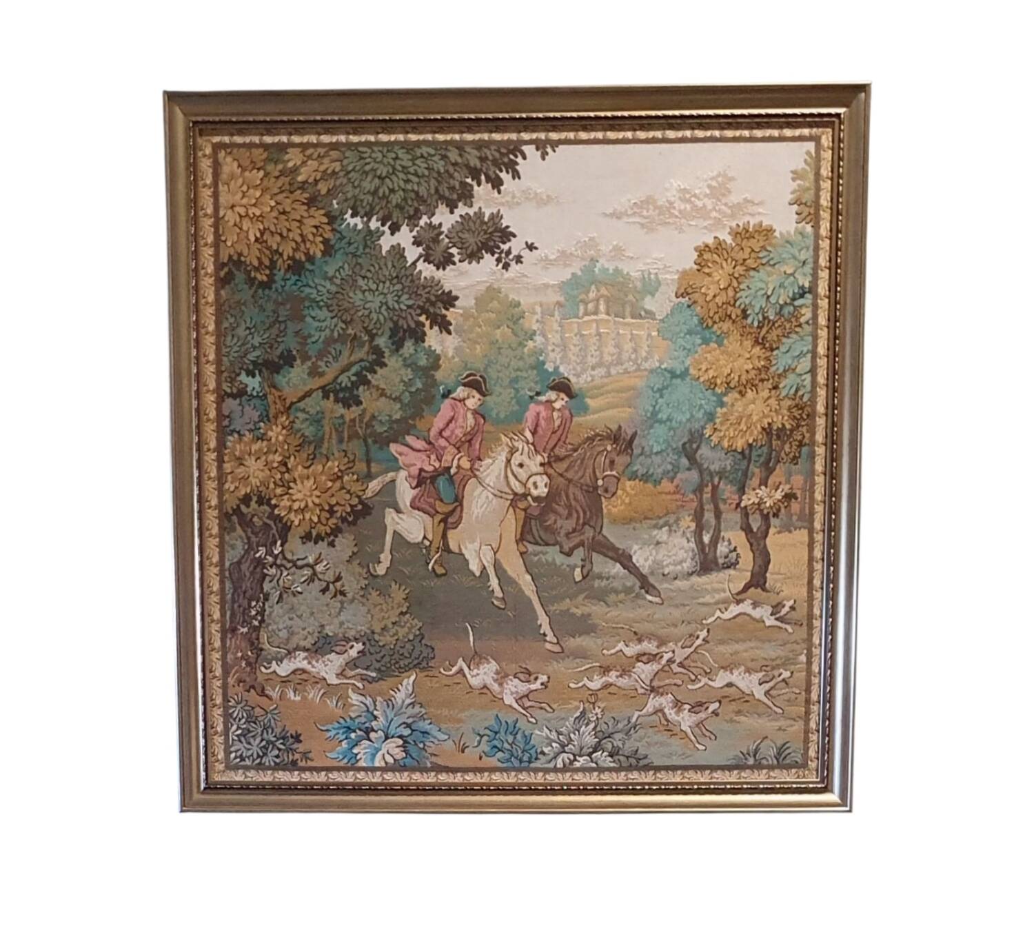 135x 137 cm Vintage framed wall tapestry gobelin horses