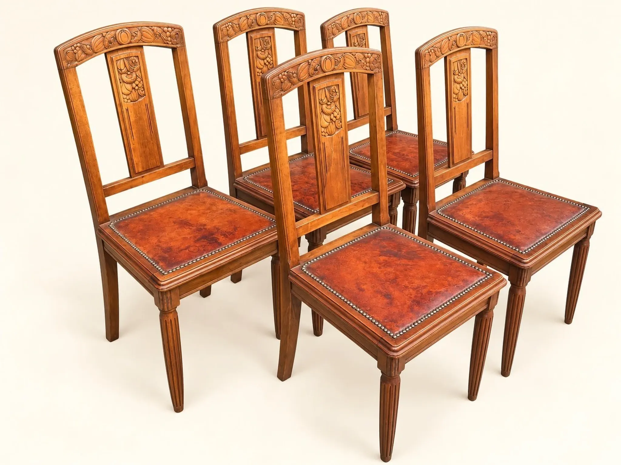 5 Art Deco Chairs in Carved Walnut, Upholstered with Studded Leather – 1920s