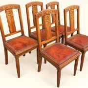 5 Art Deco Chairs in Carved Walnut, Upholstered with Studded Leather – 1920s