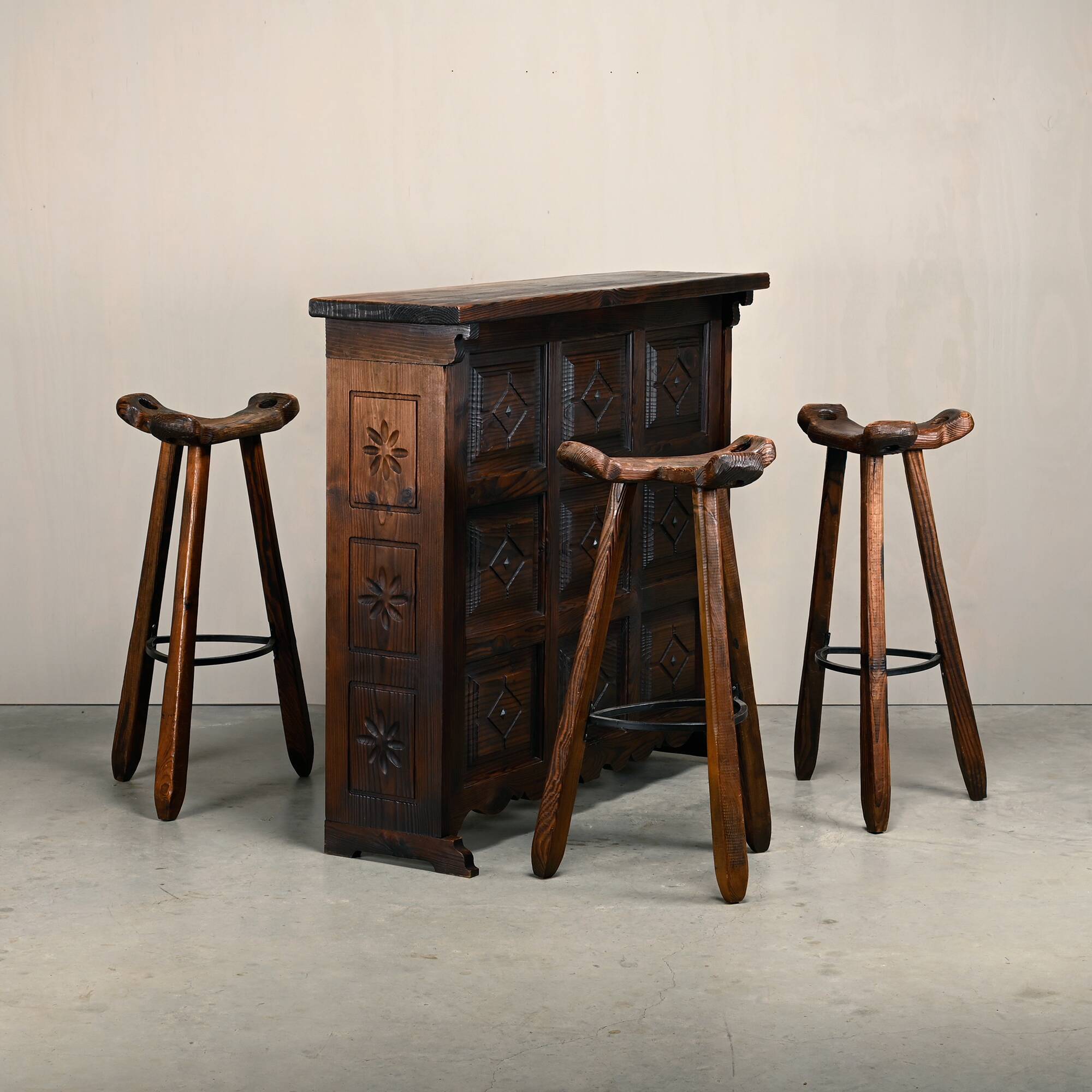 Spanish Rustic Brutalist Dry Bar Counter with matching Barstools