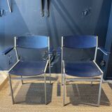 Pair of Gijs Van Der Sluis chairs with armrests in blue with grey steel legs