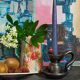1950s iridescent black ceramic hand candle holder