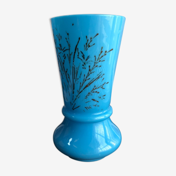 Vase opaline bleue décor arbre stylisé décoration intérieure, bouquet, fleurs, France