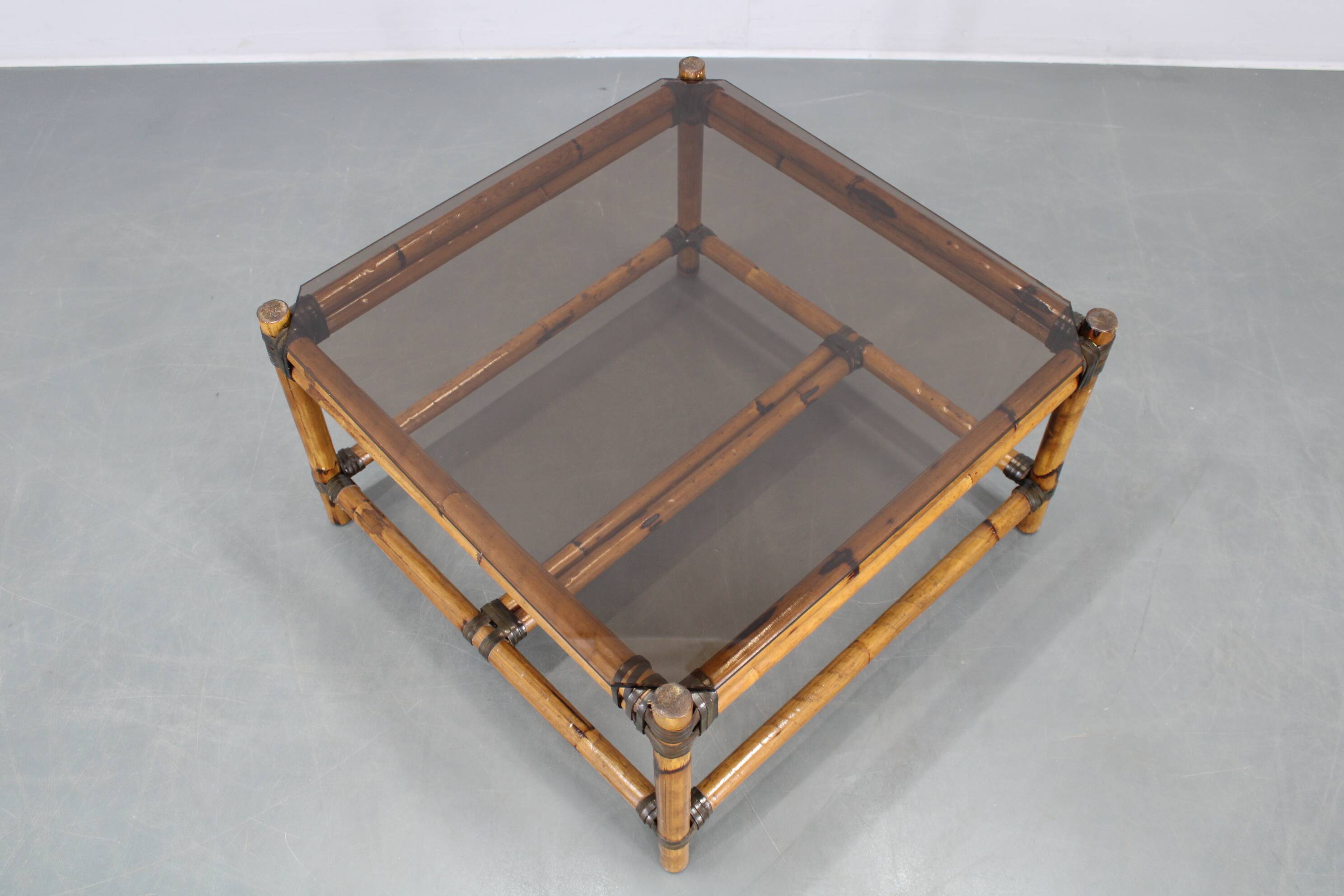 Vintage bamboo coffee table with smoked glass top