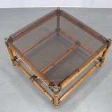 Vintage bamboo coffee table with smoked glass top
