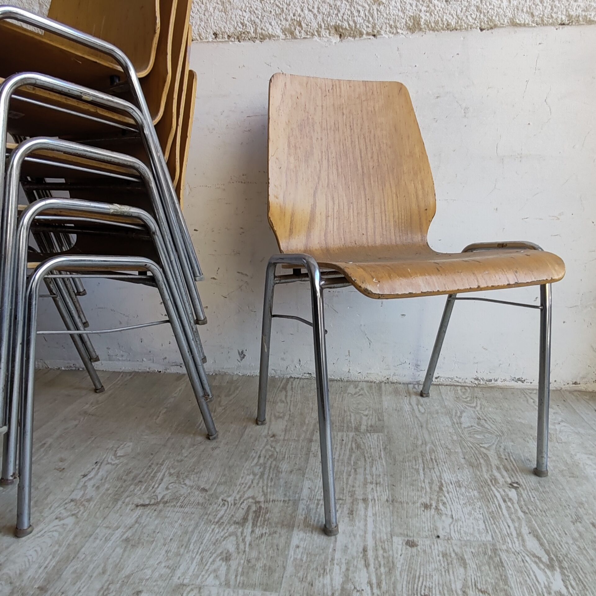 Set of 6 Vintage Bentwood Stacking Chairs Chrome Frame Mid Century