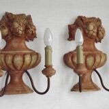 Rare Large Pair of French Terracotta Urn Fruit Basket Double Wall Lights