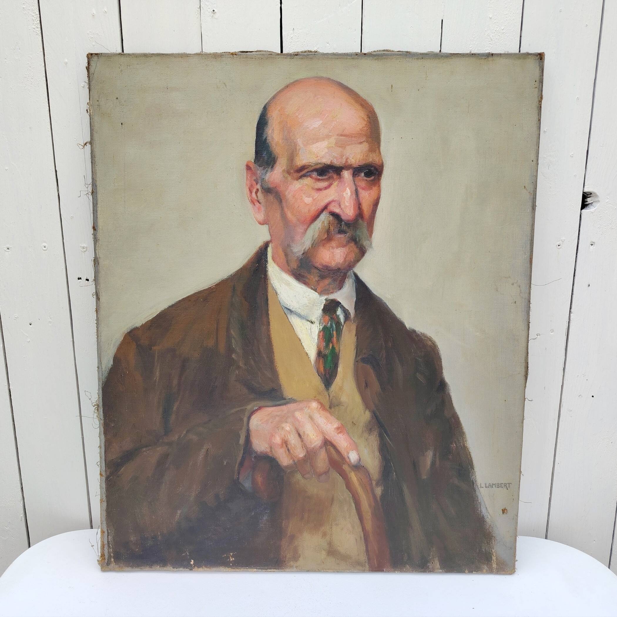 Portrait of grandfather, oil on canvas, L. Lambert, vintage