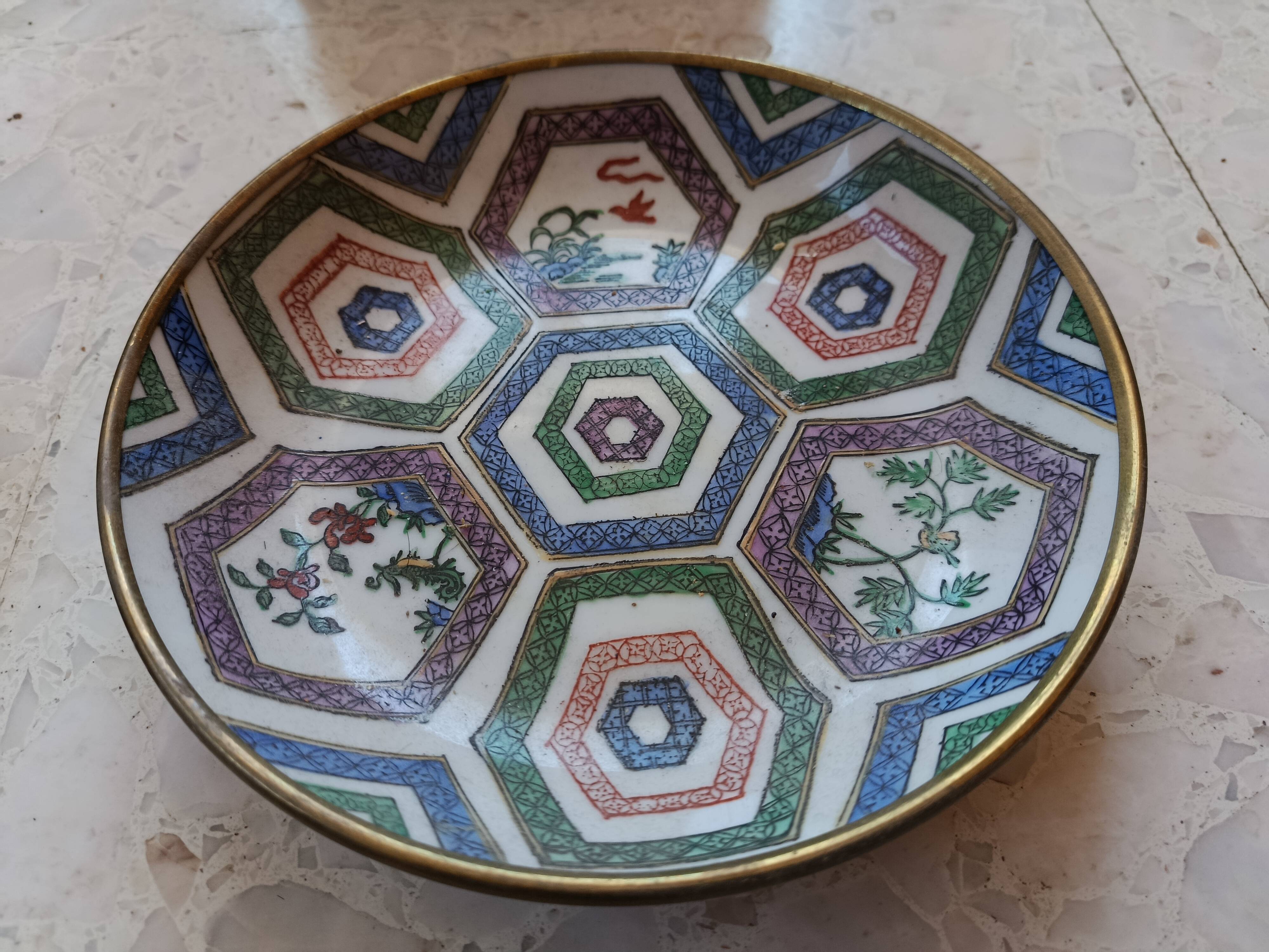CHINA 20th CENTURY PLATE + BOWL porcelain cloisonné motifs HONG-KONG stamp