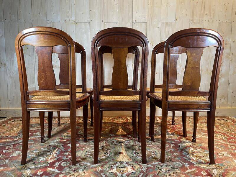 Set of 6 Louis Philippe chairs in cherry wood and cane