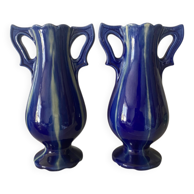 Paire de vases Art déco en faïence de Vierzon, Louis Gueule, bleu cobalt