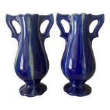 Pair of Art Deco vases in faience from Vierzon, Louis Gueule, cobalt blue.