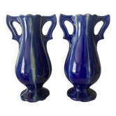 Paire de vases Art déco en faïence de Vierzon, Louis Gueule, bleu cobalt