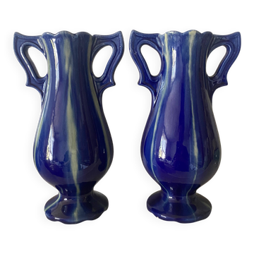 Pair of Art Deco vases in faience from Vierzon, Louis Gueule, cobalt blue.