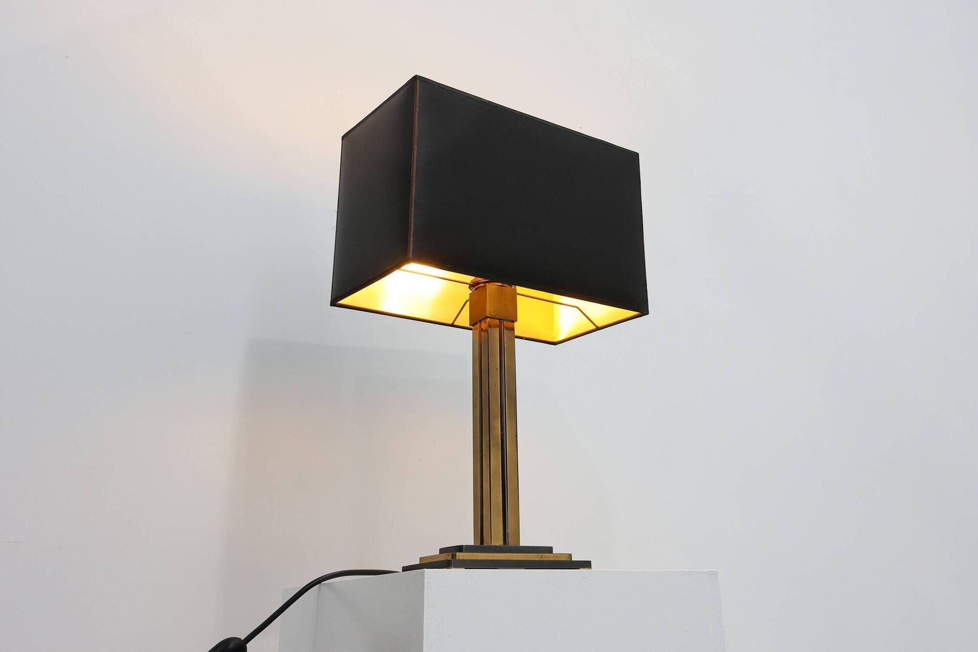 Brass table lamp with black rectangular shade by Deknudt, Belgium, 1970s