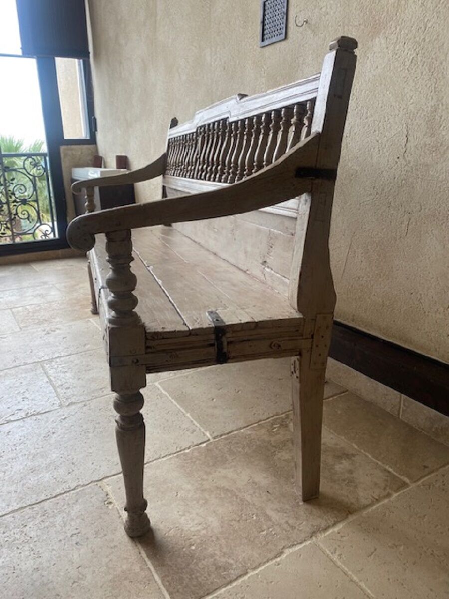 Patinated exotic wood bench for indoor or outdoor use