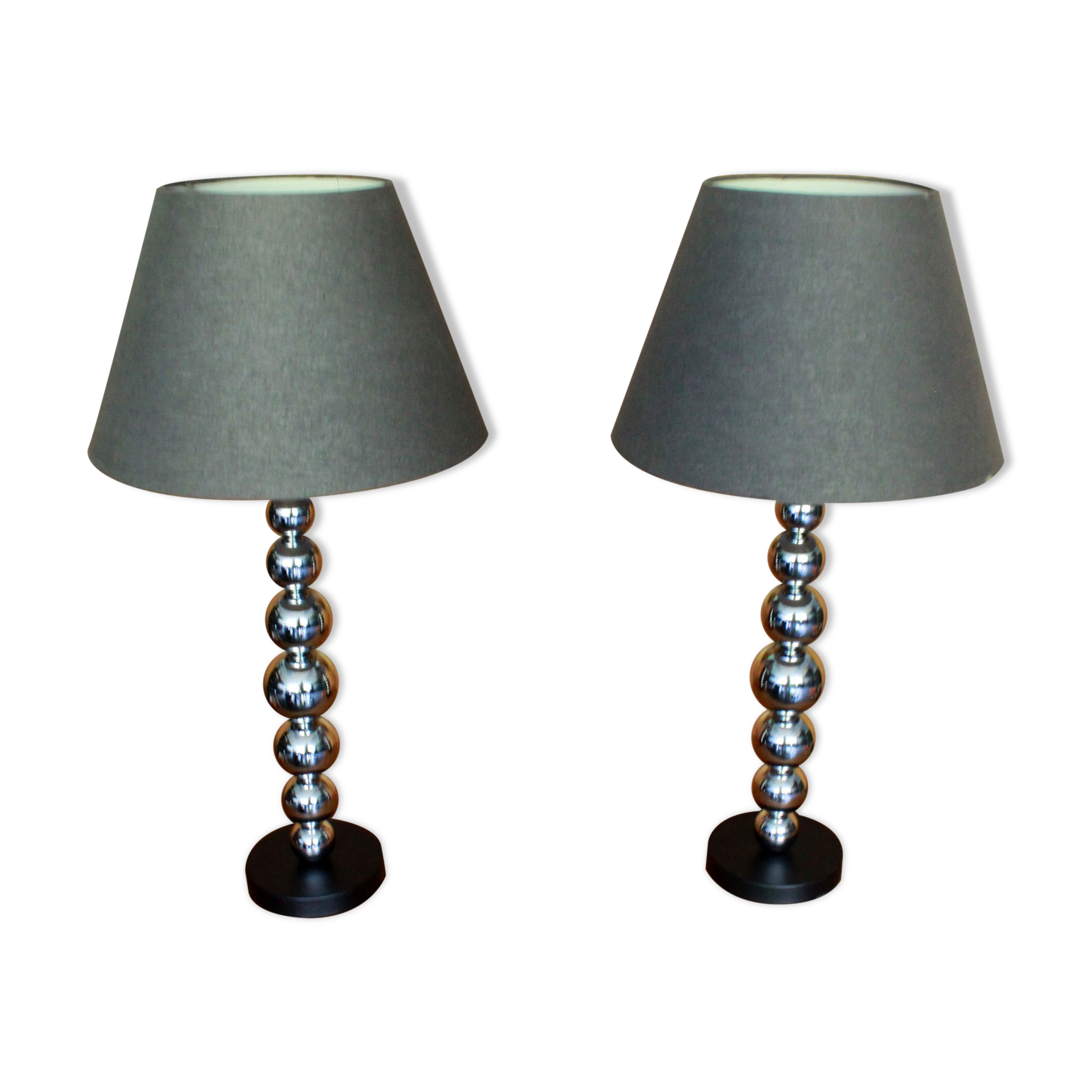 Pair of contemporary lamps with chrome base and 20th-century shade.
