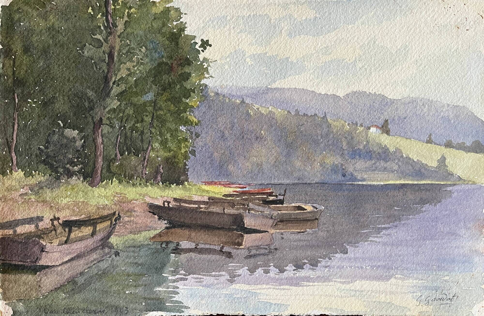 Tableau, aquarelle G. Girardot (1856-1914), Paysage aux barques vers 1903