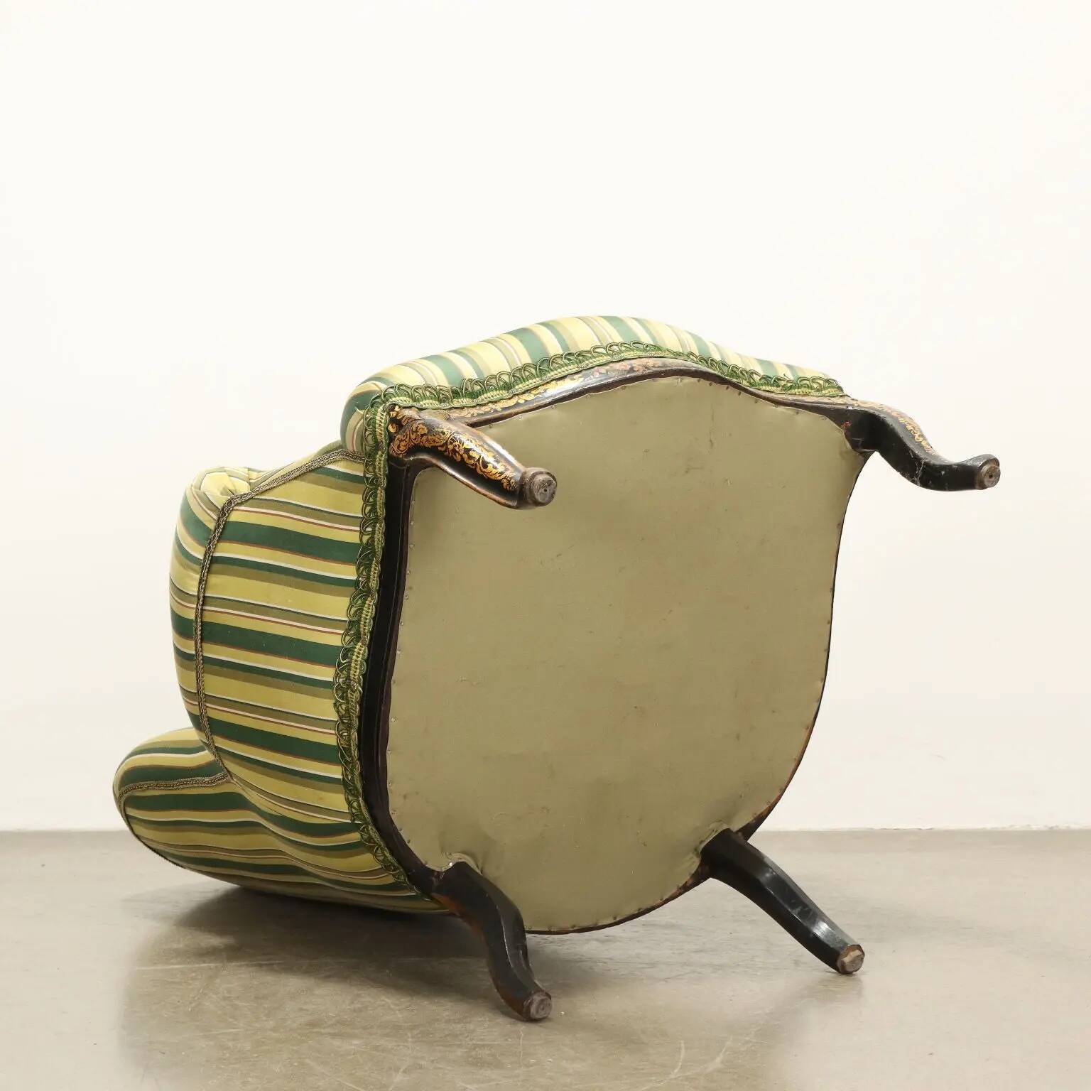 Antique upholstered and lacquered wooden armchair, Italy, late 19th century.