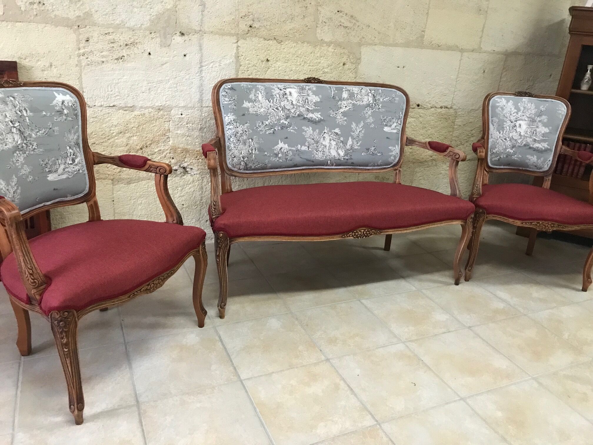 2-seater sofa and 2 armchairs in Louis XV style, revamped