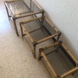 Series of 3 tables gigognes seventies in rattan and smoked glass